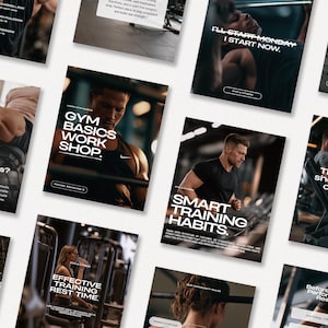 Pode incluir: Uma coleção de cartazes promocionais com temas de fitness. Os cartazes apresentam imagens de pessoas a exercitar-se num ginásio, com sobreposições de texto que promovem os conceitos básicos do ginásio, hábitos de treino inteligentes e tempo de descanso eficaz.