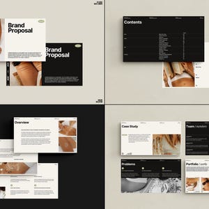 Puede incluir: Un documento de propuesta de marca en blanco y negro con una p&aacute;gina de t&iacute;tulo que dice "Propuesta de marca" y presenta a una mujer con un bikini blanco. El documento incluye secciones para "Acerca de nosotros", "Descripci&oacute;n general", "Estudio de caso", "Problemas", "Equipo/Miembros", "Portafolio/Trabajos" y "Contenido".