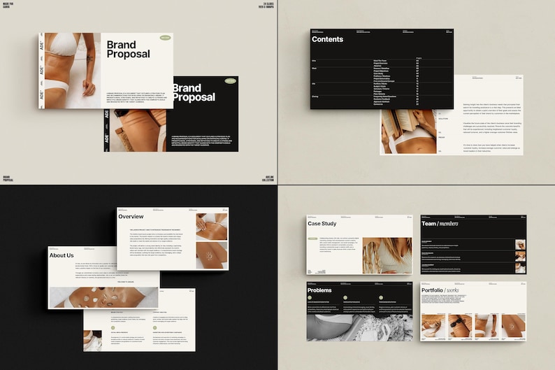 Puede incluir: Un documento de propuesta de marca en blanco y negro con una p&aacute;gina de t&iacute;tulo que dice "Propuesta de marca" y presenta a una mujer con un bikini blanco. El documento incluye secciones para "Acerca de nosotros", "Descripci&oacute;n general", "Estudio de caso", "Problemas", "Equipo/Miembros", "Portafolio/Trabajos" y "Contenido".