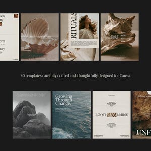 May include: A collection of 40 digital templates for Canva featuring various layouts with nature-inspired imagery including seashells, ocean waves, and rock formations, paired with serif typography and text such as Not Every Season Needs Blooming.