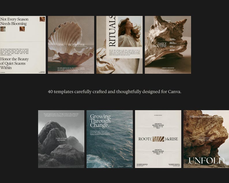 May include: A collection of 40 digital templates for Canva featuring various layouts with nature-inspired imagery including seashells, ocean waves, and rock formations, paired with serif typography and text such as Not Every Season Needs Blooming.