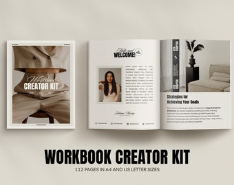 Może przedstawiać: Zestaw do tworzenia zeszytów z 112 stronami w formacie A4 i US letter. Okładka przedstawia kobietę w beżowym stroju i tekst "Workbook Creator Kit". Wewnętrzne strony pokazują wiadomość powitalną, rozdział o strategiach osiągania celów oraz minimalistyczny projekt wnętrza.