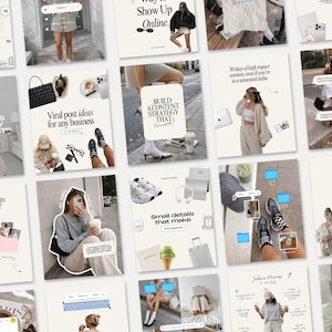 May include: A series of social media graphics with text including "Show Up Online" and "Build a content strategy". The images feature lifestyle photos, a laptop, and various accessories.
