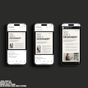May include: Three mockups of a mobile phone screen displaying a social media post for an interior design business. The post is titled "Why Hire a Designer?" and includes a list of reasons why hiring a designer is beneficial. The post is in a black and white color scheme with a modern design.
