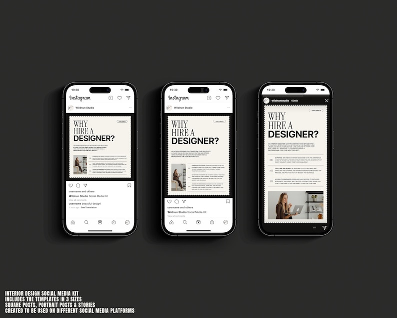 May include: Three mockups of a mobile phone screen displaying a social media post for an interior design business. The post is titled "Why Hire a Designer?" and includes a list of reasons why hiring a designer is beneficial. The post is in a black and white color scheme with a modern design.