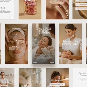 May include: A collection of promotional images for a spa, featuring treatments and services. The images showcase facial treatments, including injectables and light therapy. Text includes "Spa Away", "Treatment Process", and "Client Favorite Treatments".