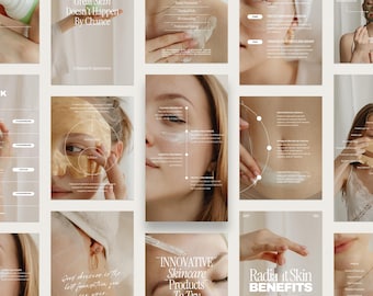Könnte beinhalten: Eine Collage von Bildern, die Hautpflegeprodukte und -dienstleistungen bewerben. Die Bilder zeigen Nahaufnahmen von Menschen, die Hautpflegeprodukte auf Gesicht und Körper auftragen. Der Text in den Bildern lautet "Great Skin Doesn't Happen By Chance", "Innovative Skincare Products To Try Today" und "Radiant Skin Benefits".