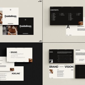 Puede incluir: Un documento de directrices de marca en blanco y negro con la palabra "Guidelines" en negrita en blanco. El documento incluye secciones para valores, marca, tipograf&iacute;a, activos, fotograf&iacute;a, voz, misi&oacute;n y visi&oacute;n.