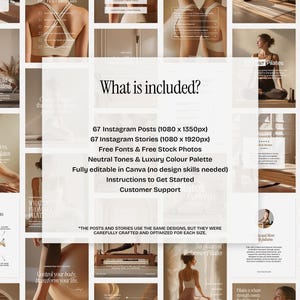 May include: Instagram templates for Pilates, with a neutral colour scheme. The pack includes 67 posts and 67 stories, free fonts, stock photos, and is fully editable in Canva. The text reads "What is included?" and details the contents.