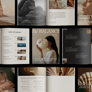 May include: A multi-page layout of a wellness journal featuring photography of coastal landscapes, seashells, and people. The pages include text sections titled Sense of Belonging, The Balance, and The Art of Being, with a table of contents and checklists.