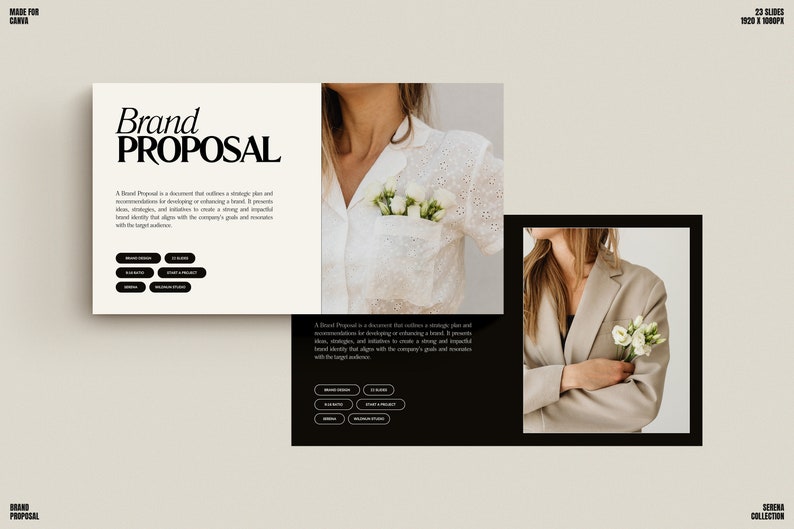 Puede incluir: Una plantilla de propuesta de marca en blanco y negro con el texto "Brand Proposal" en letras grandes y en negrita. La plantilla incluye una descripci&oacute;n de lo que es una propuesta de marca, una lista de elementos de propuesta de marca y dos im&aacute;genes de mujeres con ropa blanca y beige.