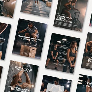 May include: A collection of fitness-themed promotional materials. The images feature people engaged in various exercises, including box jumps, kettlebell swings, and cycling. Text overlays include phrases like "I'll start Monday," and "Train hard without burning out."