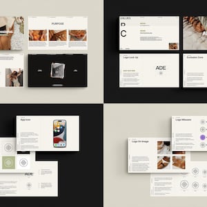 Puede incluir: Una gu&iacute;a de marca para una empresa llamada "Adeline". La gu&iacute;a incluye informaci&oacute;n sobre los valores, el prop&oacute;sito, el logotipo y la paleta de colores de la empresa. El logotipo es un c&iacute;rculo estilizado con la palabra "Adeline" en su interior.