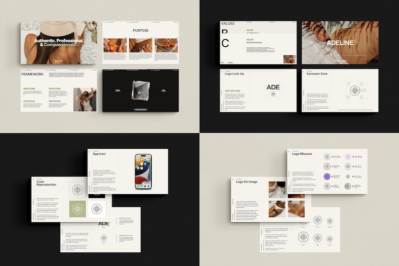 Puede incluir: Una gu&iacute;a de marca para una empresa llamada "Adeline". La gu&iacute;a incluye informaci&oacute;n sobre los valores, el prop&oacute;sito, el logotipo y la paleta de colores de la empresa. El logotipo es un c&iacute;rculo estilizado con la palabra "Adeline" en su interior.