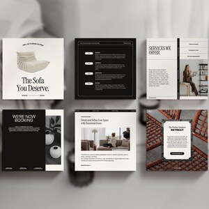 May include: A collection of six square images showcasing interior design services. The images feature a variety of furniture, including a sofa, a chair, and a table. The text on the images includes the phrases "The Sofa You Deserve", "We're Now Booking", "Services We Offer", "Divide and Define Your Space with Functional Screens", and "The Perfect Outdoor Retreat".