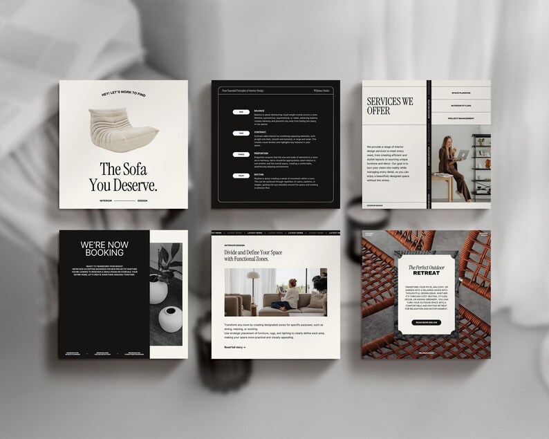 May include: A collection of six square images showcasing interior design services. The images feature a variety of furniture, including a sofa, a chair, and a table. The text on the images includes the phrases "The Sofa You Deserve", "We're Now Booking", "Services We Offer", "Divide and Define Your Space with Functional Screens", and "The Perfect Outdoor Retreat".