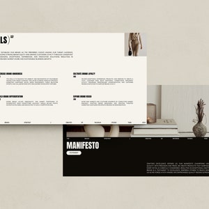 May include: A black and white website design with the text "(GOALS)" and "MANIFESTO". The website design includes a list of goals for a business, including increasing brand awareness, building brand differentiation, cultivating brand loyalty, and expanding brand reach. The website also includes a statement about creating excellence.