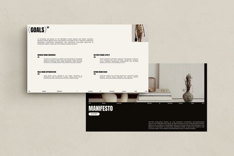 May include: A black and white website design with the text "(GOALS)" and "MANIFESTO". The website design includes a list of goals for a business, including increasing brand awareness, building brand differentiation, cultivating brand loyalty, and expanding brand reach. The website also includes a statement about creating excellence.