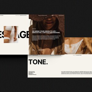 May include: A white and black graphic design with the text "MESSAGE" and "TONE." The design features a woman wearing a white bikini top and a straw hat. The text "WE BRING YOUR VISION TO LIFE/ INNOVATIVE. CAPTIVATING DESIGNS." is also included.