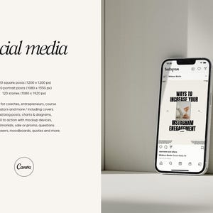 May include: A white smartphone mockup with a black screen displaying a social media post with the text "Ways to Increase Your Instagram Engagement". The phone is sitting on a white surface.