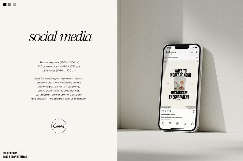 May include: A white smartphone mockup with a black screen displaying a social media post with the text "Ways to Increase Your Instagram Engagement". The phone is sitting on a white surface.