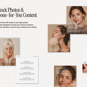 May include: A collection of stock photos and done-for-you content for esthetic treatments. The images include a woman with a towel on her head, and other images with text that reads "Benefits of Chemical Peels Treatment" and "Retinol Treatment Benefits".