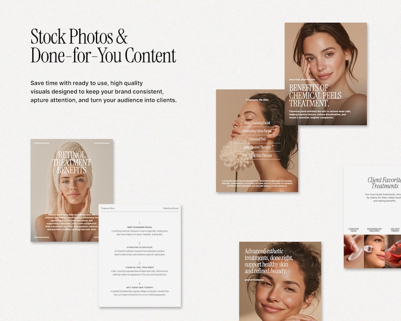 May include: A collection of stock photos and done-for-you content for esthetic treatments. The images include a woman with a towel on her head, and other images with text that reads "Benefits of Chemical Peels Treatment" and "Retinol Treatment Benefits".