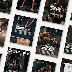 May include: A collection of fitness-themed posters with images of people working out. The posters feature text such as "Hybrid Training", "Train Less, Perform Way More", and "Deadlift". The color scheme is dark with white text.