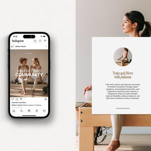 May include: A smartphone displaying an Instagram post and a woman beside a white sign. The Instagram post promotes a Pilates community. The sign reads "Train and Move with Juliana" and details Pilates training.