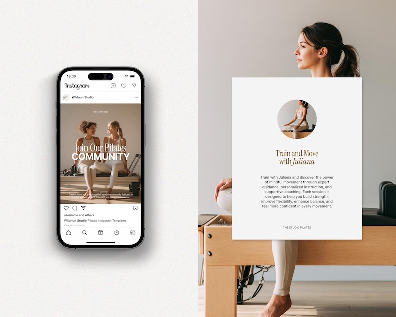 May include: A smartphone displaying an Instagram post and a woman beside a white sign. The Instagram post promotes a Pilates community. The sign reads "Train and Move with Juliana" and details Pilates training.
