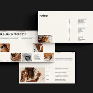 May include: A white and black index page with the word "Index" at the top. The page lists various topics related to business strategy, including insights and discounts, target audience, competitive analysis, brand strategy, and customer experience.