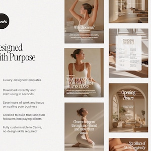 May include: A Canva template design in beige and white, with the text "Designed with Purpose" and bullet points detailing features. Other images show pilates class and studio scenes. The Canva logo is in a black circle.