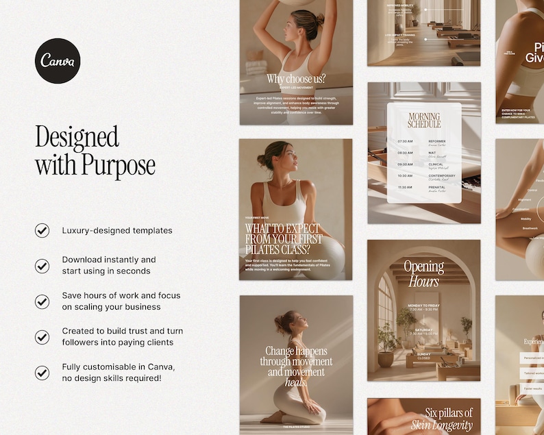 May include: A Canva template design in beige and white, with the text "Designed with Purpose" and bullet points detailing features. Other images show pilates class and studio scenes. The Canva logo is in a black circle.