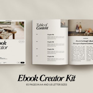 Op de afbeelding: Ebook Creator Kit, een 65-pagina's tellende gids in A4 en US Letter formaat. De omslag heeft een minimalistisch ontwerp met de titel "Ebook Creator" in zwarte tekst op een witte achtergrond. De binnenpagina's tonen een inhoudsopgave en een hoofdstuk met de titel "Hoe Google's Business Messages te gebruiken om de klantenservice te verbeteren".