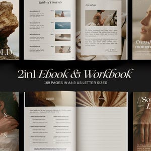 May include: A 2-in-1 ebook and workbook set featuring 169 pages in A4 and US letter sizes. The layout includes a table of contents, an about us section, a wellness checklist, and lined notes pages, all decorated with photography and text.