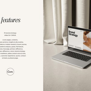 May include: A laptop computer with a white background showing a presentation titled "Brand Strategy". The presentation includes a photo of a person wearing a white bikini top. The text on the left side of the image lists features of a brand strategy presentation template for Canva.