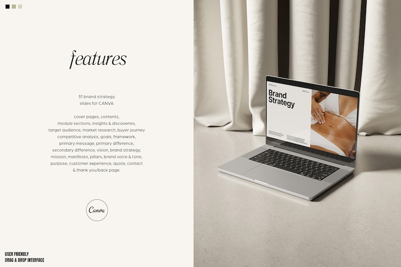 May include: A laptop computer with a white background showing a presentation titled "Brand Strategy". The presentation includes a photo of a person wearing a white bikini top. The text on the left side of the image lists features of a brand strategy presentation template for Canva.