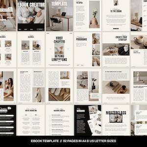 May include: A digital ebook template with 62 pages in A4 and US letter sizes. The template features a minimalist design with black and white text and images. The template is perfect for creating an ebook on business, marketing, or personal development.