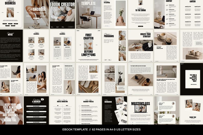 May include: A digital ebook template with 62 pages in A4 and US letter sizes. The template features a minimalist design with black and white text and images. The template is perfect for creating an ebook on business, marketing, or personal development.