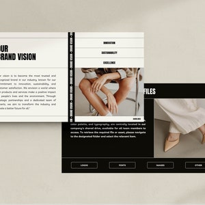 May include: A black and white brand vision statement with the text "Our Brand Vision" and a description of the company's goals. The text "Innovation, Sustainability, Excellence" is listed in a column on the right side of the page. The image also includes a photo of a woman's legs wearing beige pants and high heels.