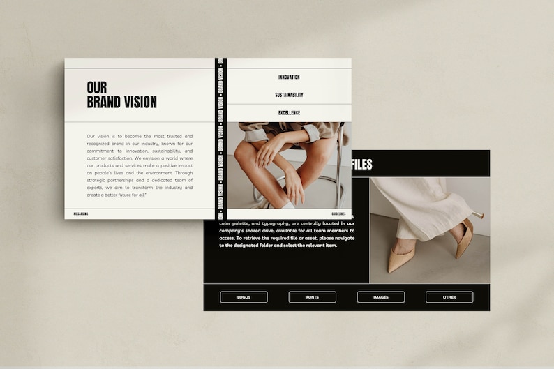 May include: A black and white brand vision statement with the text "Our Brand Vision" and a description of the company's goals. The text "Innovation, Sustainability, Excellence" is listed in a column on the right side of the page. The image also includes a photo of a woman's legs wearing beige pants and high heels.