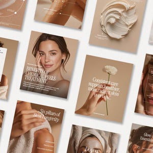 May include: A collection of skincare promotional materials. One image features a woman with text: "Benefits of Chemical Peels Treatment." Another shows a hand holding a white flower with text: "Consistent care supports healthier, more radiant skin over time."