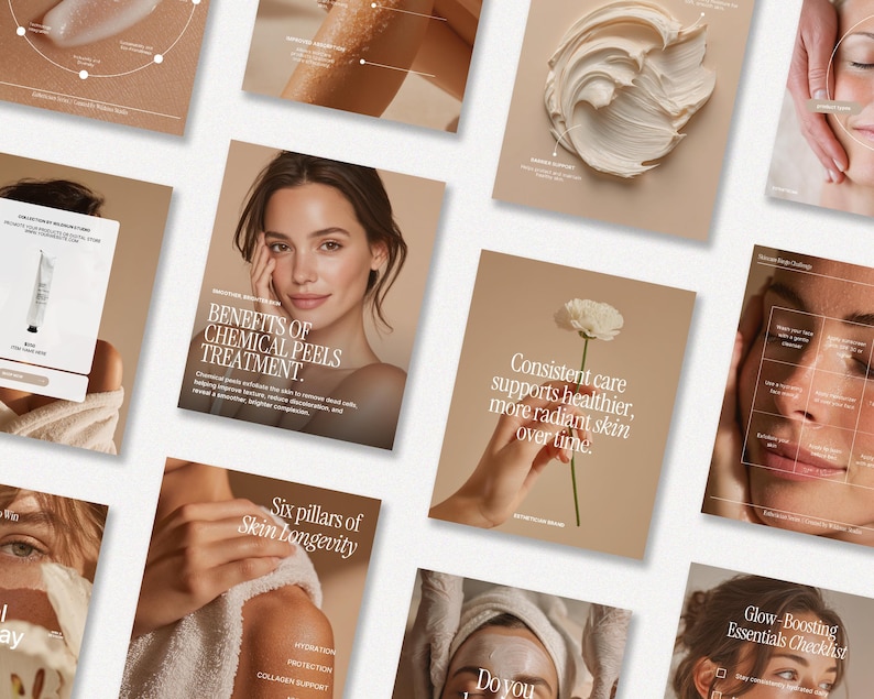 May include: A collection of skincare promotional materials. One image features a woman with text: "Benefits of Chemical Peels Treatment." Another shows a hand holding a white flower with text: "Consistent care supports healthier, more radiant skin over time."