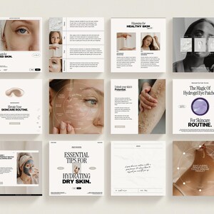 May include: A collage of images promoting skincare products and routines. The images feature close-ups of faces, eye patches, and skincare tips. The text includes "Gentle Products for Irritated Skin", "Elevate Your Skincare Routine", "Unlock Your Skin's Potential", "The Magic of Hydrogel Eye Patches", "For Skincare Routine", "Essential Tips for Hydrating Dry Skin", and "Mask Made For Perfect Match For Glowing Skin".