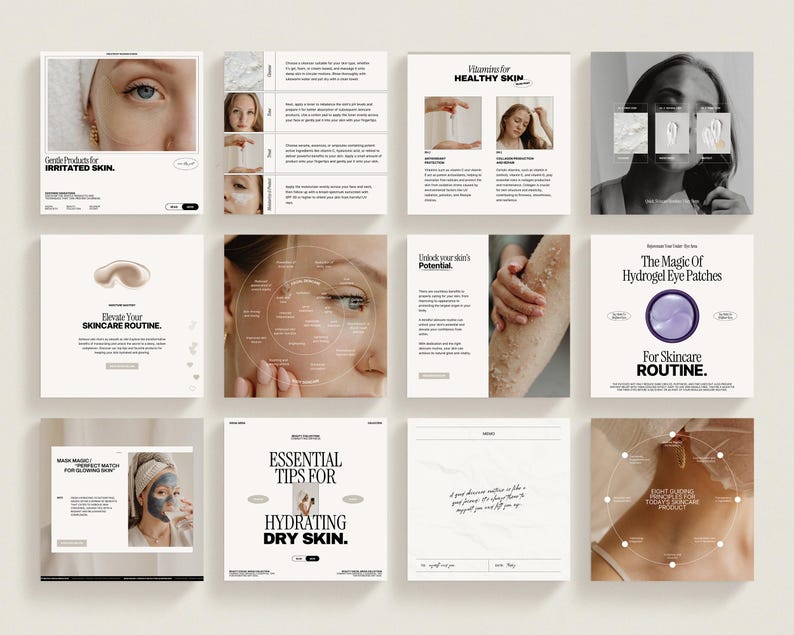 May include: A collage of images promoting skincare products and routines. The images feature close-ups of faces, eye patches, and skincare tips. The text includes "Gentle Products for Irritated Skin", "Elevate Your Skincare Routine", "Unlock Your Skin's Potential", "The Magic of Hydrogel Eye Patches", "For Skincare Routine", "Essential Tips for Hydrating Dry Skin", and "Mask Made For Perfect Match For Glowing Skin".
