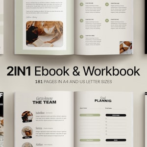 May include: A 2-in-1 ebook and workbook with a beige and brown colour scheme. The cover of the ebook features the text "ARTISTRY OF BRANDING" in black text on a black background. The cover of the workbook features the text "Get to know THE TEAM" in black text on a beige background. The workbook also includes a section titled "Goal PLANNING" with a beige background and black text. The workbook also includes a section titled "Kind Words" with a beige background and black text.