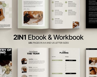 May include: A 2-in-1 ebook and workbook with a beige and brown colour scheme. The cover of the ebook features the text "ARTISTRY OF BRANDING" in black text on a black background. The cover of the workbook features the text "Get to know THE TEAM" in black text on a beige background. The workbook also includes a section titled "Goal PLANNING" with a beige background and black text. The workbook also includes a section titled "Kind Words" with a beige background and black text.
