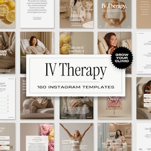 May include: A collection of 160 Instagram templates for IV Therapy, featuring various layouts with text and images. The templates showcase medical standards, energy boost, and popular IV drips. The design is clean and modern, with a focus on health and wellness.