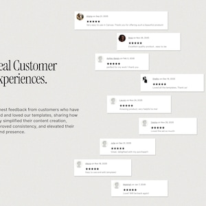 May include: Image showcasing customer testimonials. The text reads "Real Customer Experiences." Several white rectangular cards display customer reviews with star ratings and dates. The reviews highlight positive experiences with templates.