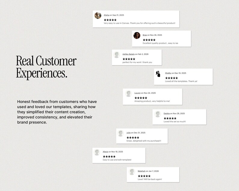 May include: Image showcasing customer testimonials. The text reads "Real Customer Experiences." Several white rectangular cards display customer reviews with star ratings and dates. The reviews highlight positive experiences with templates.